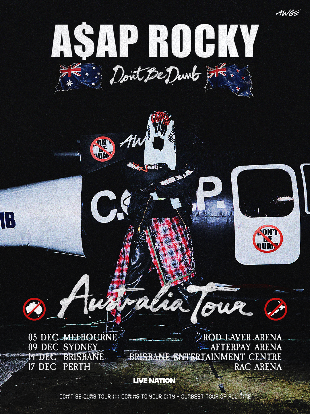 A$AP Rocky Don't Be Dumb Australia Tour poster featuring a masked figure standing in front of an aircraft with December arena concert dates.